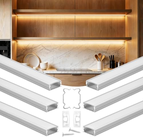 VEVOR Profilé Aluminium LED en U 1 m Lot de 6 Canal LED pour Ruban Lumineux Éclairage sous Meuble Cuisine, avec Diffuseur en PC Blanc Laiteux, Clips de Fixation et Embouts, Aluminium Anodisé Argent
