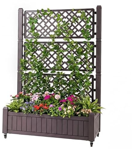 FANTASK Jardinera con Enrejado, 80 x 40 x 140 cm, Jardinera con indicador de Nivel de Agua y Agujeros de Drenaje, Maceta con Enrejado y Ruedas, Maceta para jardín, balcón, PP (marrón)