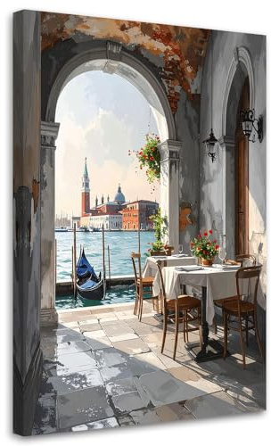 Feeby Bild auf Leinwand - Wandbilder Wohnzimmer Aesthetic - Venedig Restaurant Stadt - 60x90 1tlg - Schlafzimmer Wandekoration - Bilder Zimmer - Living Room - Deko Wandbilder - Moderne Bild