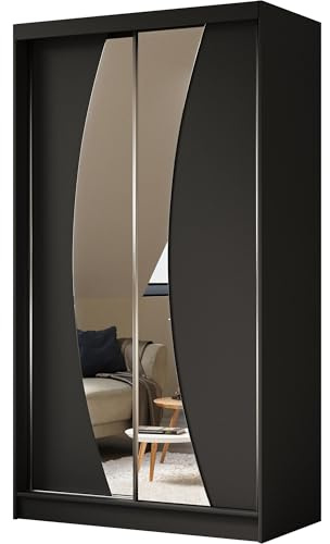 BEAUTY SOFA Vox - Schrank mit Spiegel - Kleiderschrank mit Schiebetüren - Garderobenschrank, Mehrzweckschrank, Flurschrank - 120cm breit - Schwarz Matt