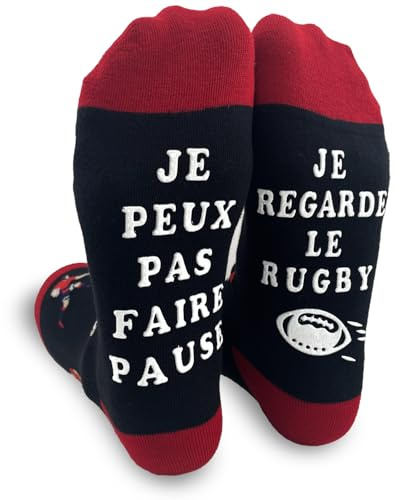 PLAYFUL SMILE Chaussettes Humour Homme Rugby Football Cadeau Idee la Saint Valentin Homme Mari Petit Ami anniversaires Chaussettes Rigolotes Noel Fête des Pères (Noir+Rouge-RUGBY)