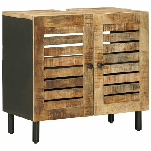 mtlskopl Meuble sous lavabo marron noir 62 x 33 x 58 cm – Meuble sous lavabo en bois massif de manguier – Armoire de salle de bain sur pied avec 2 portes et boutons en laiton pour la salle de bain