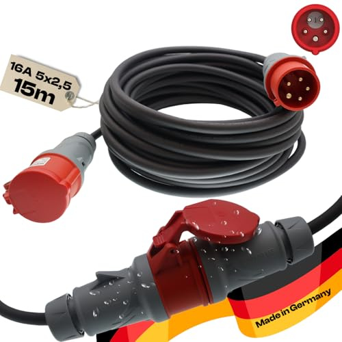 CEE Starkstromkabel Starkstromverlängerung Verlängerungskabel Starkstrom Gummiverlängerung H07RN-F 5X2,5mm² Phasenwender 5P 16A 400V Kraftstromkabel Außenbereich 15m