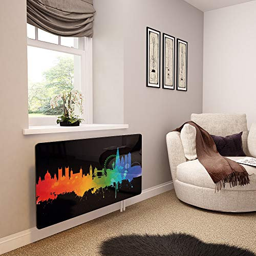Glass Radiator Cover Printed - Fusion London Skyline on Black - Premier Range in 620mm Wide x 640mm High