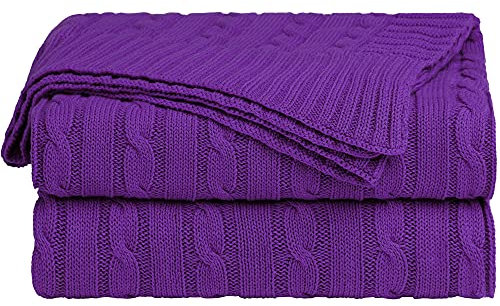 sourcing map Cotton Cable Knit Throw Blanket Soft Throw Couch Covers Knitted Blankets for Sofa Bed, Purple Throw(47 x 70)