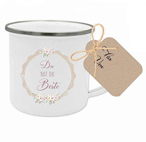 Manufaktur Liebevoll Emaille Tasse Spruch Tasse Du bist die Beste Kaffeetasse Geschenk Freundin, Kollegin, Mama Geburtstag, Dankeschön Abschied Weihnachten mit Geschenkanhänger