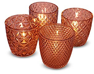 Boho Teelicht-Gläser Set inkl. Teelichtern - Edle Kerzen-Halter Windlichter Kerzenglas mit Verzierungen - Dreidimensionales Design - Geschenk Hochzeit, Geburtstag, Weihnachten (Rot 1 4er-Set)
