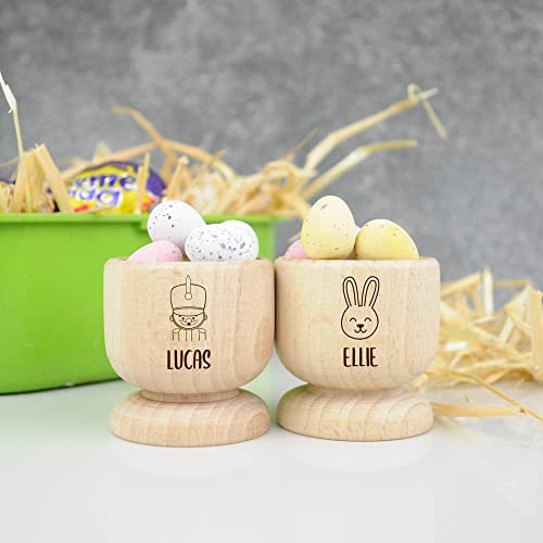 Personalised Egg Cup, Engraved Wooden Egg Cup, Easter Gift for Kids, Dippy Egg Holder, Unicorn, Dinosaur, Soldier, Bunny Rabbit, Chick (Pack 2)