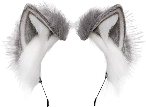 ZFKJERS Handgefertigtes Fell Fuchs Katzenohren Stirnband Fursuit Kopfbedeckung Cosplay Kostüm Party Zubehör (Grau weiß)
