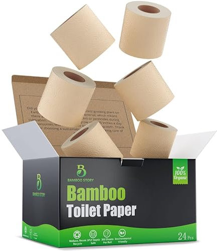 Bamboo Story Premium-Toilettenpapier aus Bambus, ungebleicht, 24 Rollen, 3-lagig und 300 Blatt, FSC-zertifiziert, bleichfrei, PFA-frei, chemikalienfrei, plastikfrei, BPA-frei, septisches