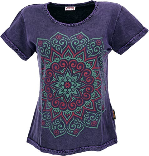 GURU SHOP Boho T-Shirt mit Mandaladruck, Stonewashed T-Shirt - Violett, Damen, Baumwolle, Size:S