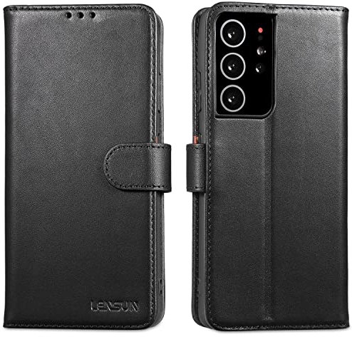 LENSUN Echtleder Hülle für Samsung Galaxy S21 Ultra, Handyhülle [Echtes Leder] [Magnetverschluss] [Kartenfach] Handytasche Lederhülle für Galaxy S21 Ultra 5G - Schwarz