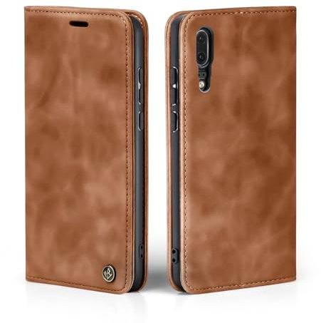 LBH Handyhülle für Huawei P20 in Hellbraun mit Karten- und Geldfach Smartphone Hülle mit Standfunktion Flip Case Schutzhülle Magnetverschluss Vintage