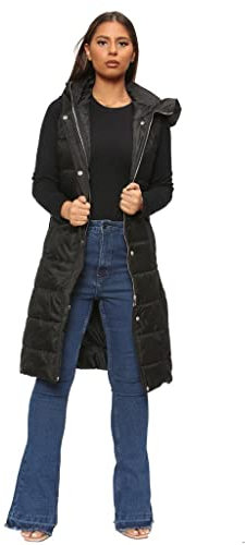 Parsa Fashions WOMENS LADIES LONG LINE HOODED PUFFER GILET JACKET COAT PADDED VEST TOP BODY WARMER Sizes Small to 3XL (as8, alpha, one_size, regular, regular, Black, XL)