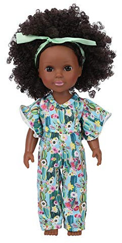 SUNGOOYUE 14in Black Skin Girl Baby Doll, Tragbares Lockiges Haar Hochsimulation African Girl Baby Doll mit Haarband für Rollenspielspielzeug(Q14-113 bunter Kaktus)