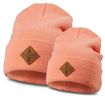 Soulbuddy Beanie - 2er Set Lachsrosa | Partnerlook-Set | 1 Herren oder Damen Wintermütze (One Size - 54-62 cm) und 1 Kinder Strickmütze (Größe M - 45-49 cm)