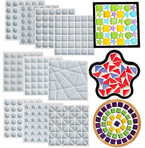 10 Set Mosaic Tiles Silicone Resin Mold Various Shaped Epoxy Silicone Casting Molds Mini Collage Stones Mosaic for Cup Coaster Vase Photo Frame Jewelry Box Pen Holder Decor, 3D DIY Making Crafts