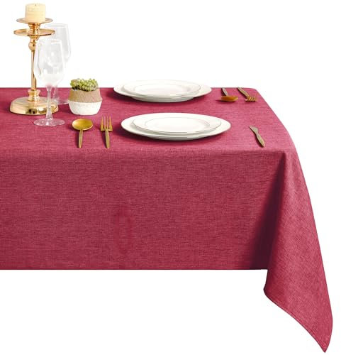 DWCN Rot Tischdecke Weihnachten Leinenoptik Abwaschbar Tischwäsche Wasserabweisend Tischtuch für Esszimmer, Garten, Party, Hochzeiten oder Haushalt,135x200cm