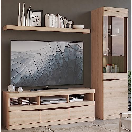 Lomadox Wohnzimmer Wohnwand Media TV Wand Lowboard Wandboard Vitrine mit Beleuchtung in Eiche Nb. 220 cm breit Wenge Nb. grifflos