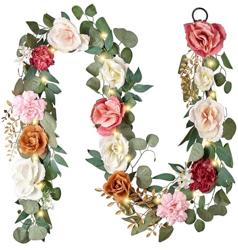 Valery Madelyn Vorbeleuchtete Frühlingsblumengirlande für Kaminsims mit Lichtern, künstliche Rosen, künstliche Blumenranken, hängende Girlande, Dekorationen für Muttertag, Hochzeitstag, Party, Tisch,
