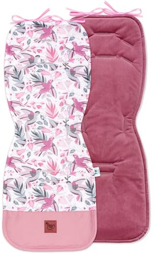 Pepi Beidseitig Sitzauflage Kinderwagen 33 x 85 cm - Sitzauflage Buggy 100% Baumwolle - Kinderwagen Einlage 6 Löcher für Sicherheitsgurte - Kinderwagen Sitzauflage Kolibri mit altem rosa Samt