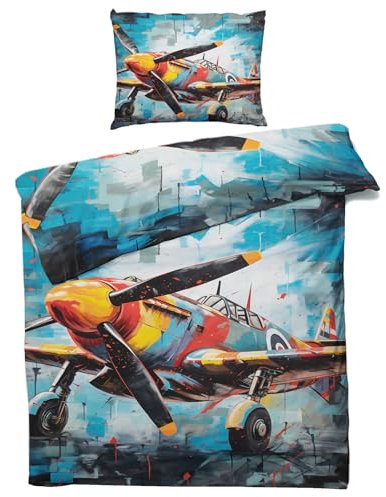 QEODAH Flugzeug Kinder Bettwäsche 135x200 Winter - Flugzeug Bettbezug 135 x 200 2er Set - Wendebettwäsche & Kissenbezug 80x80 cm - Weiche Mikrofaser Bettwäsche-Sets mit Reißverschluss