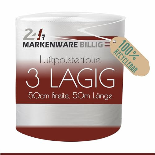 MARKENWARE BILLIG - Luftpolsterfolie 3 lagig, Verpackungsfolie 3-lagig, Luftpolster Blisterfolie Noppenfolie Polsterfolie Umzug 1m Knallfolie Polstermaterial Transparent (100cm x 50m) (50cm x 50m)