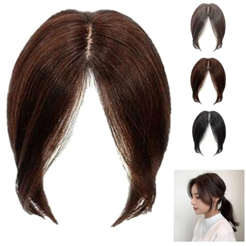 RsfiL Mittlerer Seitenteil für Frauen, Wellig, Clip-in-Pony, Echthaar, Seitenfransen-Pony, WIG, Perücke (Dunkelbraun)