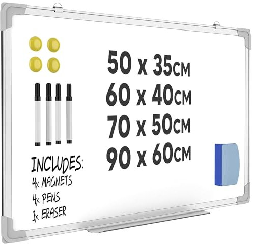 ZENO Whiteboard | Large Magnetic Whiteboard with Pen Tray | Office Board | Aluminium Trim | Includes 4 Pens, Eraser & 4 Magnets | Easy to Install | 70 x 50 cm