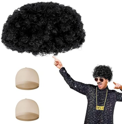Aomig Vokuhila Perücke Herren, 3er Zubehör 70er 80er Jahre Disco Afro Perücke, Hippie Perücke für Männer, Passend für 70er Jahre 80er Jahre Herren Kostüm Karneval Halloween(Schwarz)