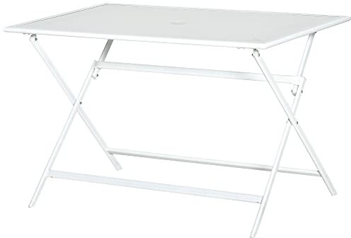 Outsunny Klapptisch Gartentisch mit Ø42mm Ø50mm Schirmloch Beistelltisch klappbar Falttisch Balkontisch Esstisch Picknicktisch gehärtetes Glas Metall Weiß 110 x 70 x 70 cm