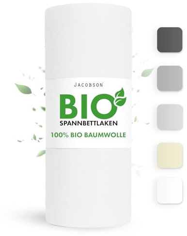 Jacobson Bio Spannbettlaken 120x200cm Baumwolle Spannbettlaken, GOTS zertifiziertes Bettlaken, 160g/m² Jersey Spannbetttuch (120x200, Weiß)