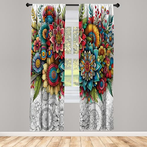 ABAKUHAUS Vorhänge 2er-Pack, Farbenfrohe Illustration orientalisches Blumenmotiv mit grünen Blättern, Vorhang für Wohnzimmer Schlafzimmer, 4 Stück 75 cm x 245 cm, Hellgrau Mehrfarbig