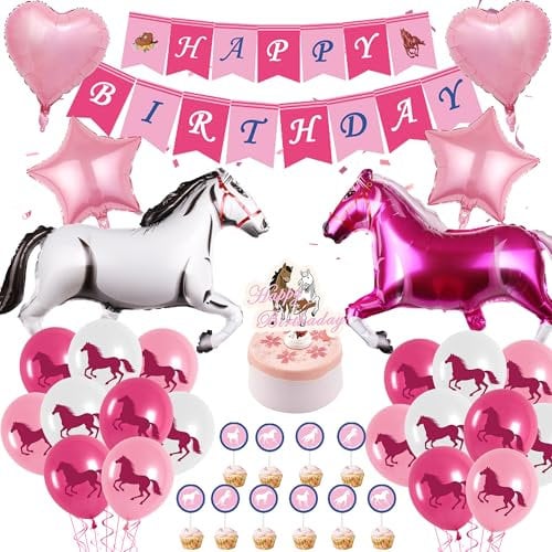 Pink Horse Birthday Decorations Girls - 49 Pieces Pink Horse Foil and Latex Balloons Happy Birthday Banner Cake Topper Cupcake Toppers, Western Cowgirl Party Supplies for Girls