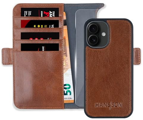 HANS/SON Echtleder-Handyhülle - iPhone 16 mit Displayschutz Glas – Schmale 2 in 1 Lederhülle mit Klappfunktion und Kreditkartenetui, kabellos Laden - perfekte Passform, stoßfest - 6,1 Zoll – Cognac