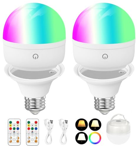Focenat 2 Pieza Bombillas Colores RGB LED,Bombilla recargable con mando a distancia,Bombilla Regulable Cambio de Color con temporización,E27 Luz de emergencia con imán,Per camping al aire libre