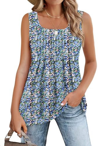 Zeagoo Canotta da Donna Estivo Elegante Senza Maniche T-Shirt con Scollo Quadrato Camicette Casual Camicia Top Basic Maglietta Tops Tunica Gilet Blu Floreale XXL