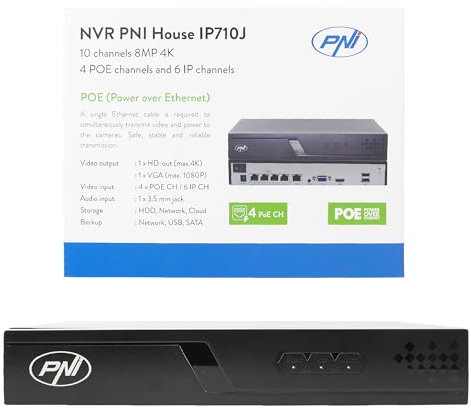NVR PoE PNI House IP710J, 10 Canales 4K 8MP, 4 Canales PoE y 6 Canales IP, Negro