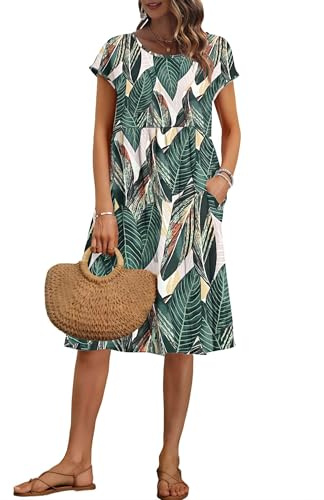 AUSELILY Women's Summer Short Sleeve Knee-Length Dresses with Pockets | Round Neck, Cap Sleeves, Oversize Shift A-line Loose-fit Dress