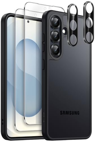 JETech 5-in-1 Matte Hülle für Samsung Galaxy S25, Schwarz | 2 Gehärtete Glas Schutzfolien, 2 Kameraschutz Folien, Schützende Handyhülle mit Transluzenter Rückseite