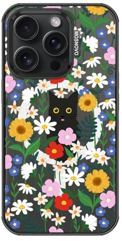 MOSNOVO Case for iPhone 15 Pro [Compatible with MagSafe] [Buffertech 6.6ft Drop Protection] [Anti Peel Off Tech] Clear Black - Black Cat in Garden