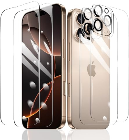 Fylnatc [2+2+2] Schutzfolie für iPhone 16 Pro + Kameraschutz + Rückseite Schutzfolie mit einfachem Befestigungswerkzeug, Panzer Schutz Glas, gehärtetem Glas