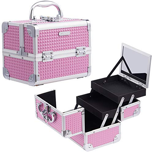 Vanity Case Make up Box Lockable Cosmetic Organiser Box Beauty Storage Case with 2 Trays and Mirror Pink, Size: 19.5x15x16cm