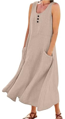 Maxikleider Damen Einfarbig Strandkleid Baumwolle Leinen Kleid Urlaubs Kleider Luftig Tshirtkleid Sommerkleid Leicht Swing Lässig Locker Freizeitkleid (A2-Khaki, L)