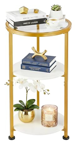 ZEXVIDA Glass Side Table, Tempered Glass Small Round Side Table with 3-Tier Storage Shelves for Small Spaces, Modern Glass Round End Table for Living Room Bedside Table for Bedroom (White+Gold)