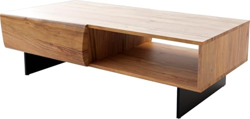 DELIFE Wohnzimmertisch New Live-Edge Akazie Natur 115x60 cm 2 Schubladen 1 Fach Fuß schwebend Metall Schwarz Couchtisch
