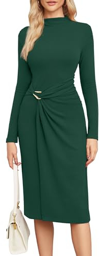 Newshows Jumper Dress for Women UK Long Sleeve Mock Neck Elegant Bodycon Pleated Winter Autumn Maxi Dresses -L Green