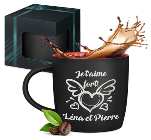 Maverton Tasse en céramique personnalisée pour couples, 0 | 4L Mug original avec Coffret Cadeau pour parents, souvenir anniversaire de mariage, crémaillère, Noël, intérieur rouge, coeur