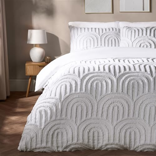 OHS White Bedding Quilt Covers King Size Tufted Arches, Super Soft Cosy Warm Decorative King Size Duvet Cover Sets Stylish Comfy Easy Care Bedding Set with Matching Pillowcases