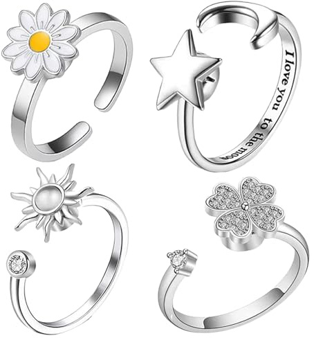 Spinner Fidget Rings - Elegant 4-Piece Set, Fashionable Moon Sun Floral Designs, Stress-Reliever Jewelry for Girlfriend, Ladies, Teens, and Women, Perfect for Gatherings, Work, or Everyday Use